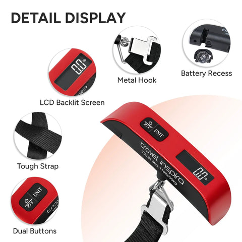Portable Digital Luggage Scale For Travelers Keep Suitcases Baggage Fee Free And Make Boarding A Breeze Every Time A Solid Ace In The Bag For Airport Weight Checks With One Hundred Ten Pound Max Capacity And Slim Profile with LCD screen and metal hook.