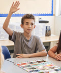 Student in classroom interacts with the Five Poster Basic Spanish Vocabulary Set With Photos for Classrooms displayed on table.