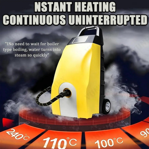 Top Rated 3000W Professional High Pressure Steam Cleaner With 230°F Super Hot Vapor For Deep Kitchen And Floor Cleaning Plus Large 3.5L Tank And Six Heavy Duty Accessories For Tough Grease Removal, featuring yellow body and steam output.