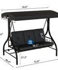 Three-Seat Outdoor Porch Swing With Adjustable Canopy For Sun Protection, Sturdy 800 Lb Heavy Duty Steel Frame dimensions
