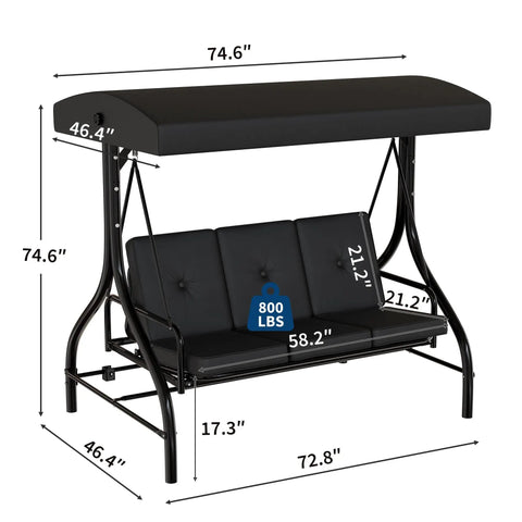 Three-Seat Outdoor Porch Swing With Adjustable Canopy For Sun Protection, Sturdy 800 Lb Heavy Duty Steel Frame dimensions