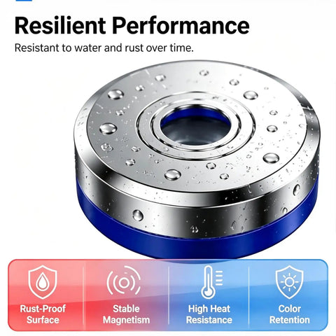 Two Piece Magnetic Split Faucet Covers Adjustable Pipe Escutcheon Plates Quick Snap Magnet Install No Sweat Setup Snug Fit Cover For Hidden U Pipes Under Sink with water droplets on a shiny silver surface.