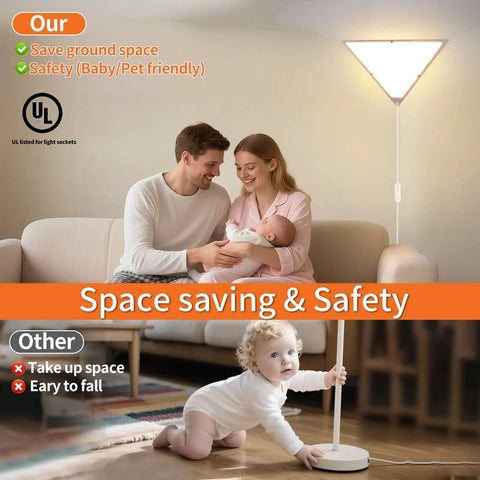Triangle Corner Light with Switch, Plug-In Ceiling Lamp for Dark Corners, space-saving white acrylic design in use with family.