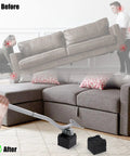 Before and after use of 29 Inch Expandable Furniture Lifter Bar with Leverage Force Design to lift a couch easily.