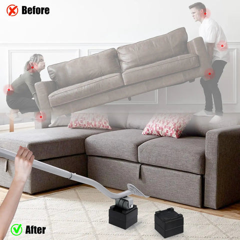 Before and after use of 29 Inch Expandable Furniture Lifter Bar with Leverage Force Design to lift a couch easily.