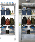 5 Tier Metal Wire Shelving Rack With Durable Steel Construction And Smooth Rollers For Ultimate Storage Flexibility showcasing organized bags and bins.