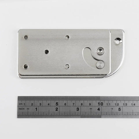Slick 90 Degree Rotating Table Hinges Forged From Heavy Duty Cold Rolled Steel Swivel Bracket on white background with ruler for size reference.
