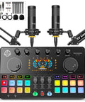 Pro Level Dual Microphone Podcast Bundle Slick Rgb Audio Mixer With 48V Phantom Power featuring dual mics and RGB control panel.