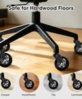 Top Shelf Replacement Office Chair Wheels Universal 3 Inch Heavy Duty Caster Tires with Floor Savvy Non Marking Polyurethane Rollers on hardwood floor.