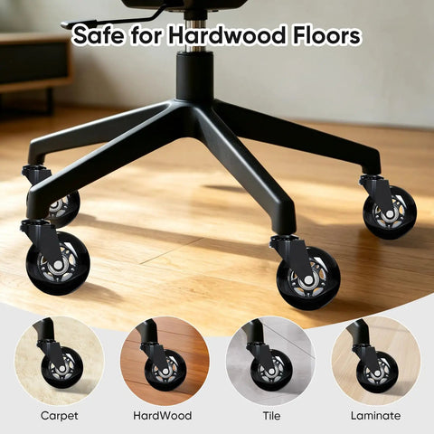 Top Shelf Replacement Office Chair Wheels Universal 3 Inch Heavy Duty Caster Tires with Floor Savvy Non Marking Polyurethane Rollers on hardwood floor.