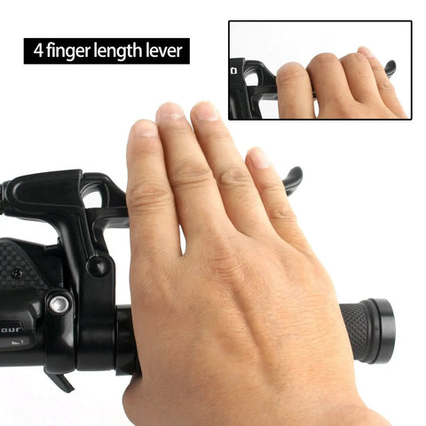 Close-up of hand using Four Finger Aluminum Brake Levers Set 2 Pack For Mountain Road BMX Bikes 22mm Diameter 2.2cm
