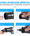 Step-by-step tutorial on replacing zipper pulls with a self-locking design tool for easy assembly.