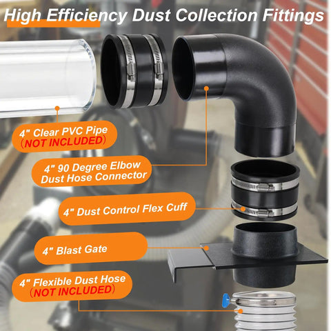 Heavy Duty 4 Inch Dust Collection Fitting Kit For Woodshop includes 90 Degree Elbow, Blast Gate, Flex Cuffs for efficient airflow.