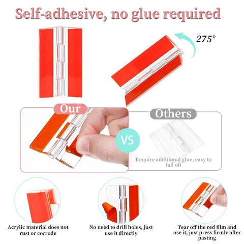 10 Pack Self Adhesive Clear Acrylic Hinges 65x40mm shown with self-adhesive feature, comparing our hinge with others