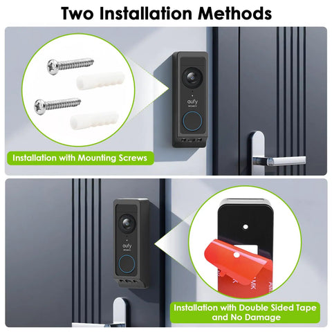 Image showing two installation methods for Rock Solid No Drill Adhesive Doorbell Mount For Eufy E340, using screws or double sided tape.