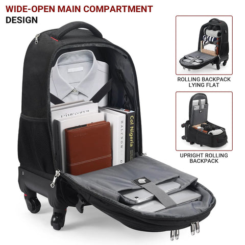 Rolling backpack with 4 wheels, black water-resistant underseat luggage for airline travel (18x14x8)