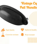 Antique Black Cabinet Cup Pull Handles 3.5 Inch Hole Centers, Vintage Shell Pulls For Kitchen Cabinets, zinc alloy, 6 pack
