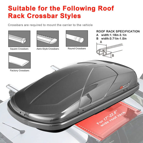 Rock Solid Rooftop Cargo Carrier Hard Shell Waterproof Gear Box Featuring Dual Side Opening on roof rack with crossbar styles.