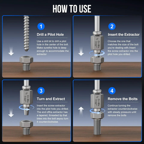 Heavy Duty Cr Mo Steel Screw Extractor Set Featuring Hex And Socket Adapters Tough 15 Piece Gear demonstrating usage steps with screw extractor and bolt.