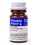 Bottle of Potable Aqua 50 Count Water Purification Tablets for safe drinking water, camping, hiking, travel, and emergency prep in black pack.