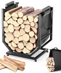 Heavy Duty Firewood Rack For Indoor Outdoor Use With Thickened Metal Construction, Reinforced Base, Adjustable Feet, And Carry Bag, Keeps Firewood Neat Off The Floor And Ready By The Fireplace, Black displayed filled with logs and with carry bag on side
