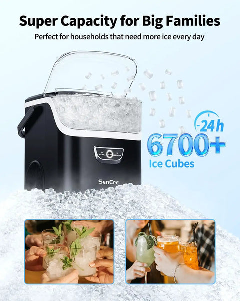 Nugget Ice Maker With Handle, 40 Lbs Per Day, Countertop Ice Maker pouring soft sonic ice with 6700+ cubes capacity, ideal for parties.