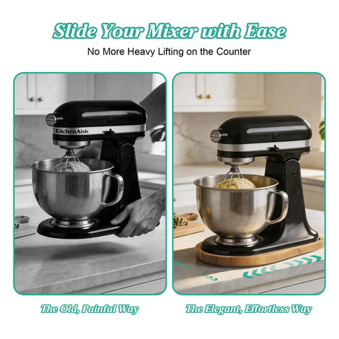 Hella Smooth Glide Acacia Wood Mixer Slider Tray For Kitchenaid 4 Point 5 To 5 Quart Tilt Head Stand Mixer showing easy sliding action.