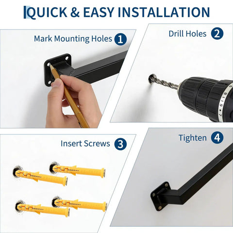 Quick installation steps for Heavy Duty Ten Foot Black Metal Stair Railings Indoor And Outdoor featuring sturdy wall mounting.