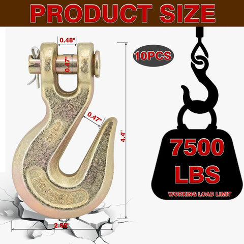 10 Piece Three Eighth Inch Clevis Grab Hooks Set, Grade 70 Forged Steel With Yellow Chromate Finish, Beefed Up Heavy Duty Chain Hooks For Trailer And Truck Tie Downs, Corrosion Resistant, 7500 Lbs Capacity, dimensions showing product size and load limit