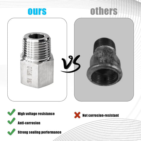 Comparison of Two Pack One Half Inch NPT Female To One Half Inch NPT Male Reducer Fittings Stainless Steel 304 with non-resistant fitting
