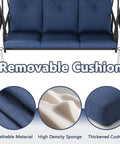 Close-up of blue cushions on Three Seat Outdoor Porch Swing Glider With Adjustable Canopy Convertible Patio Bed Upgraded Folding Cup Holders