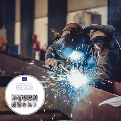 Worker welding metal with 600 Piece Stainless Steel Spring Lock Washer Kit M2 To M10 for industrial repair and screw fastening.