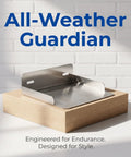 Tough As Nails Outdoor EV Charger Weatherproof Cover Stainless Steel Rain Shield Heavy Duty Wall Mount Protector Enclosure For Electric Vehicle Stations. Stainless steel and wooden EV charger guard on display.