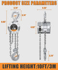 Dimensions of Beefy Aluminum Alloy Hand Chain Hoist 1 Ton Capacity 2200 Lb Portable 10 Ft Dual Brake Chain Block With Galvanized Chain