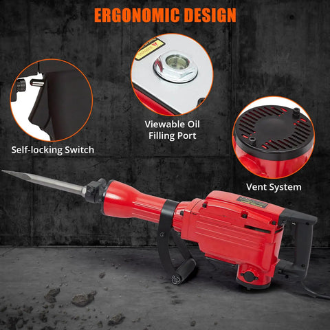 Heavy Duty Concrete Breaker Jack Hammer With 1700W Demo Power And Three Piece Chisel Bit Kit showing ergonomic design features.