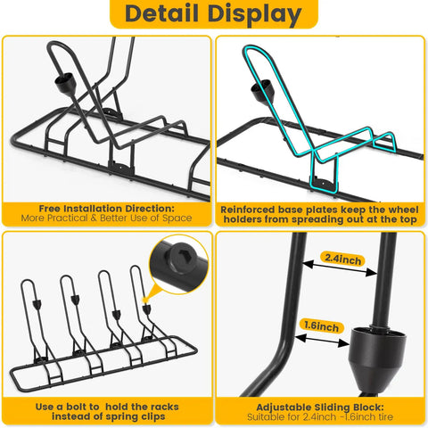 Detail display of Rock Solid Four Bike Floor Rack With Zero Scratch Guards For Disc Brakes And Derailleurs Upgraded Steel Garage Organizer.