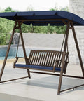 Two Seat Patio Swing With Adjustable Tilt Canopy Outdoor Porch Swing Farmhouse Style With Removable Cushions Dark Blue Smooth Gentle Motion