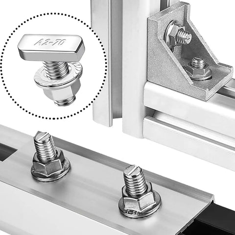Heavy Workhorse 304 Stainless Steel Hammer Head T Bolts M8x20 With Flange Nuts Pack Of 15, close-up on bolt coupling for solar mounts.