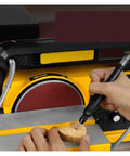 Kick Some Serious Dust On Your Next Build With This Slick Two In One Belt And Disc Sander Combo That Flattens Wood Metal And Plastic Like A Pro Workshop Badass, user carving wood on sander.