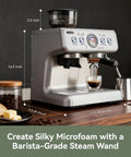 Pro Level Dual Boiler Espresso Machine With Slick Integrated Grinder And Reliable 58mm Portafilter For Steady Extraction Pressure and sleek design measuring 16.5 x 12.6 inches.