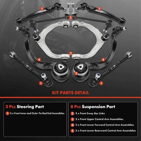 Heavy Duty Front Suspension Strut Assembly Bundle With Beefed Up Upper And Lower Control Arms For BMW X5 E70 And X6 E71 2007 To 2013 kit parts detail showing control arms and tie rod assemblies.