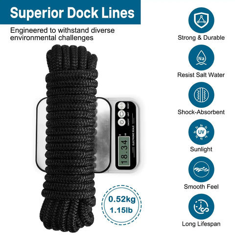 Four Pack Half Inch By Fifteen Foot Boat Dock Lines With Pre Spliced Twelve Inch Eyelet Black Marine Grade Double Braided Nylon on scale