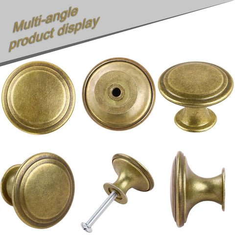 Heavy Duty Zinc Alloy Flat Round Drawer Pulls in a Pack of Twenty Red Antique Brass Knobs for Furniture Cupboards Dressers Wardrobes and Closets with Screws for Your Next Home Rig Project, multi-angle view.