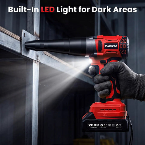 Badass Cordless Electric Rivet Gun Kit With 20 Volt Brushless Motor and LED light illuminating dark workspace for precision work.