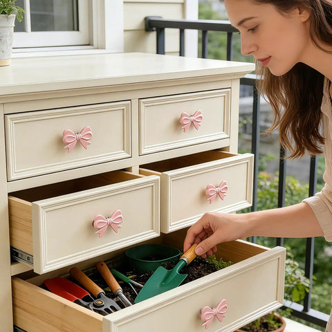 Pink Bow Drawer Knobs 10 Pack Bow Tie Shaped Zinc Alloy Vintage Style Dope Furniture Pulls for dresser with garden tools
