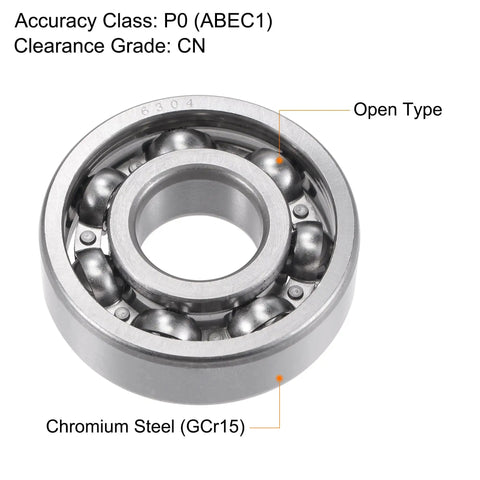 Heavy Duty Deep Groove Ball Bearings 6304 with 20Mm Bore and 52Mm Outer Diameter 15Mm Width, Chrome Steel ABEC1 Precision