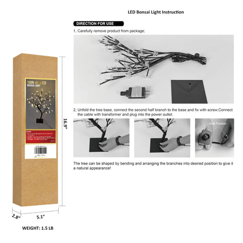 Assembly instructions for 18 Inch Cherry Blossom Bonsai Tree With 48 LED Lights Warm White Glow 24V UL Listed Adapter Included Metal Base