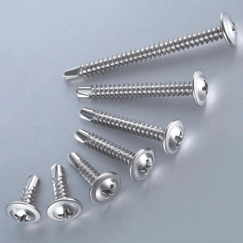 Number Eight Truss Head Self Tapping Screws For Sheet Metal 410 Stainless Steel Fasteners, polished half-inch, assorted sizes.