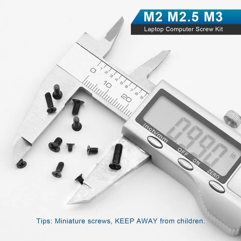 450 Piece Mini Screw Kit For Laptop And Computer Repair Featuring M2 M2.5 And M3 Countersunk Flat Head Phillips Fasteners with caliper measurement.