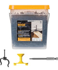 Heavy Duty Universal Hidden Deck Fastener Clips for Wood Composite and PVC Grooved Boards No Sweat Setup and One Pass Fastening Tough as Nails 900 Pack Outdoor Deck Hardware in bucket with installation tools.